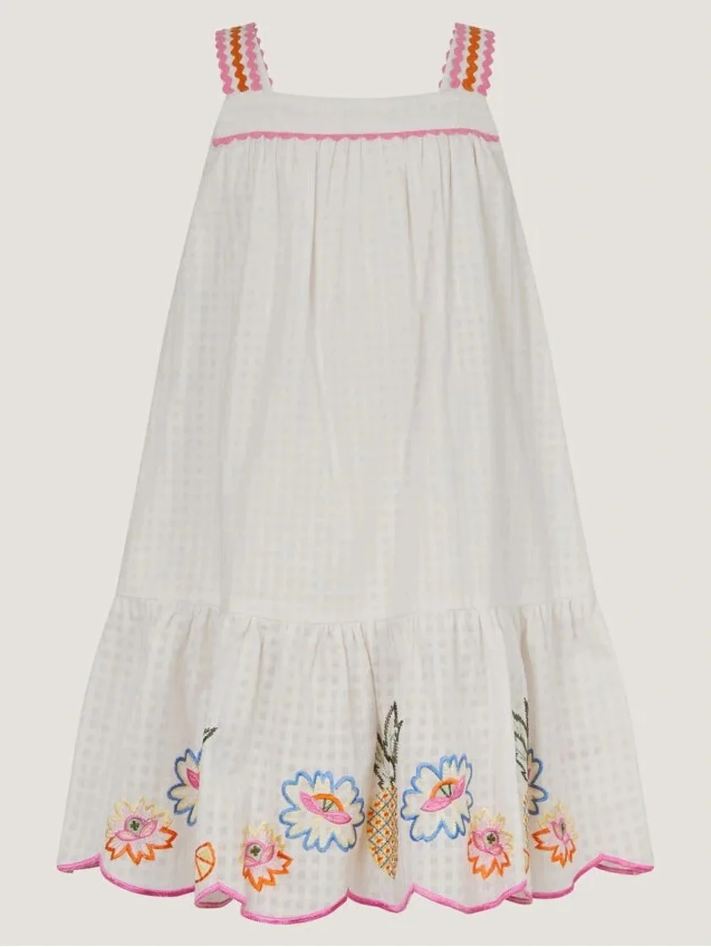 Monsoon White Embroidered Floral Sundress with Pink Trim